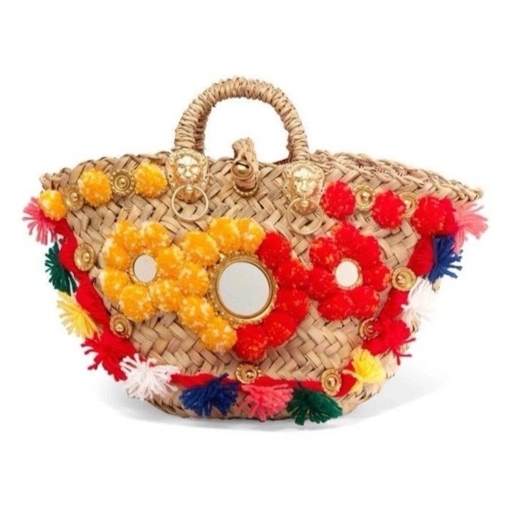 Sicily Italian Lion Head Mirror Embellished Straw Tote Basket Bag Multicolor